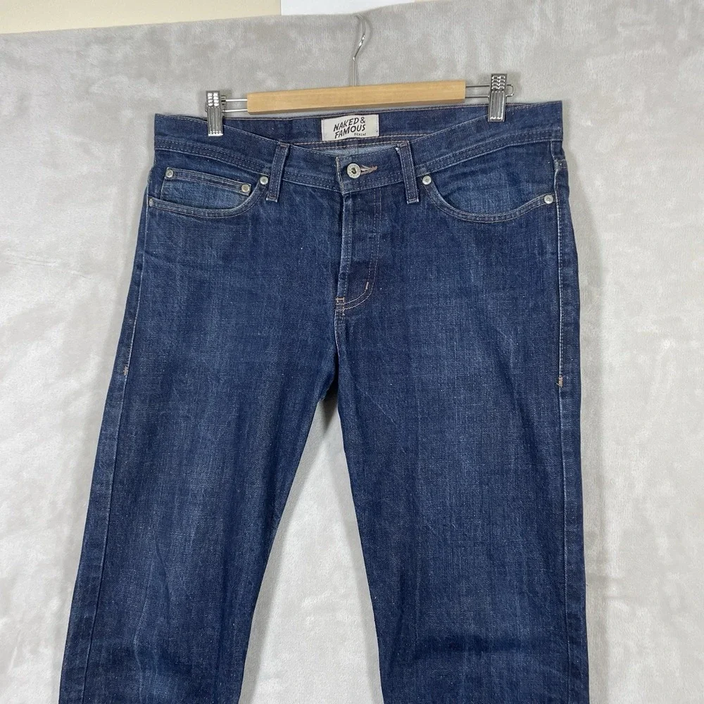 Naked & Famous Jeans Mens 34 (fit 36x33) Raw Dark Denim Button Fly Non-Selvedge